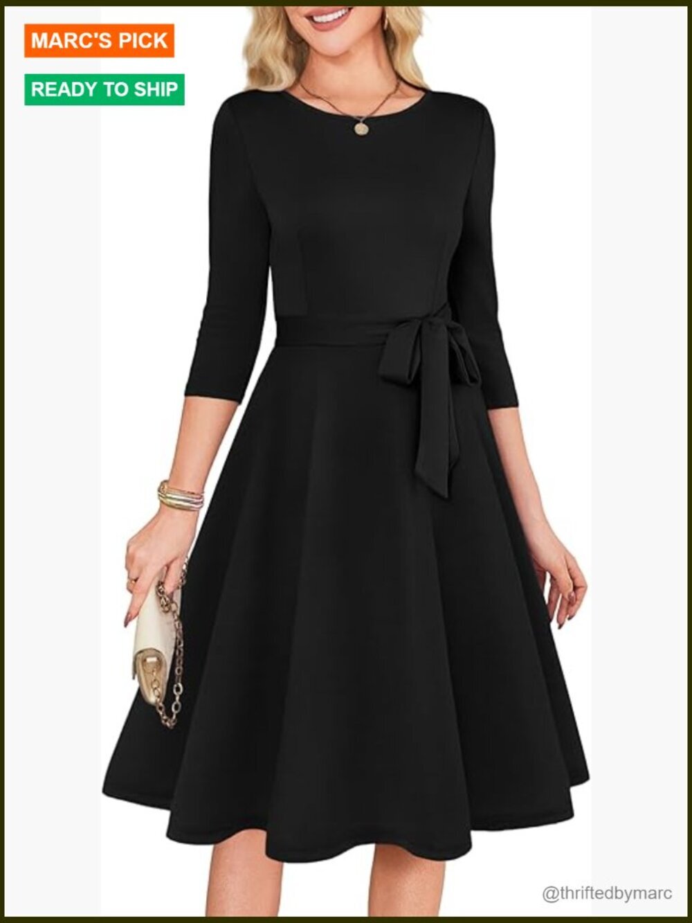 Women's Vintage A-Line Dress with 3/4 Sleeves & Removable Belt
